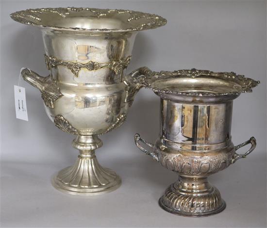 Two plated two handled wine coolers, with vine cast borders, height 36cm